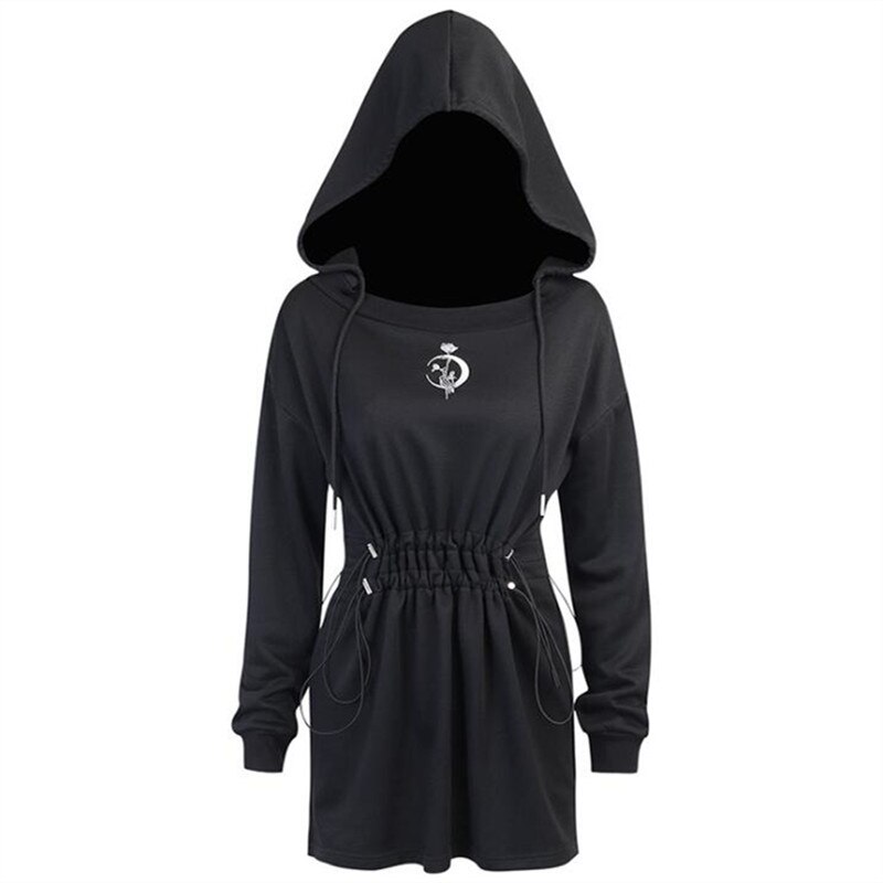 NCLAGEN gotisch Schwarz Punk Hoodies Kleid Mond Stickerei Rose Drucken Mit Kapuze Kleider Frauen Hohe Taille Kordelzug Vestidos de Mujer: M