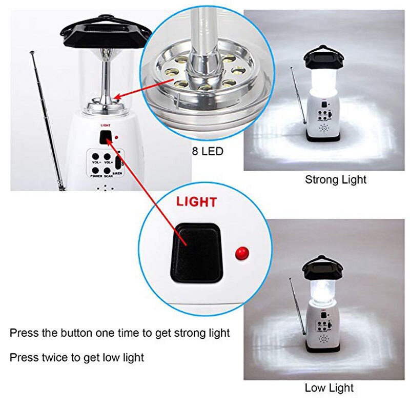 Multi-Functional 4-Way Powered Solar Hand Crank Led Camping Lantern with Radio and Emergency Cell Phone Charger
