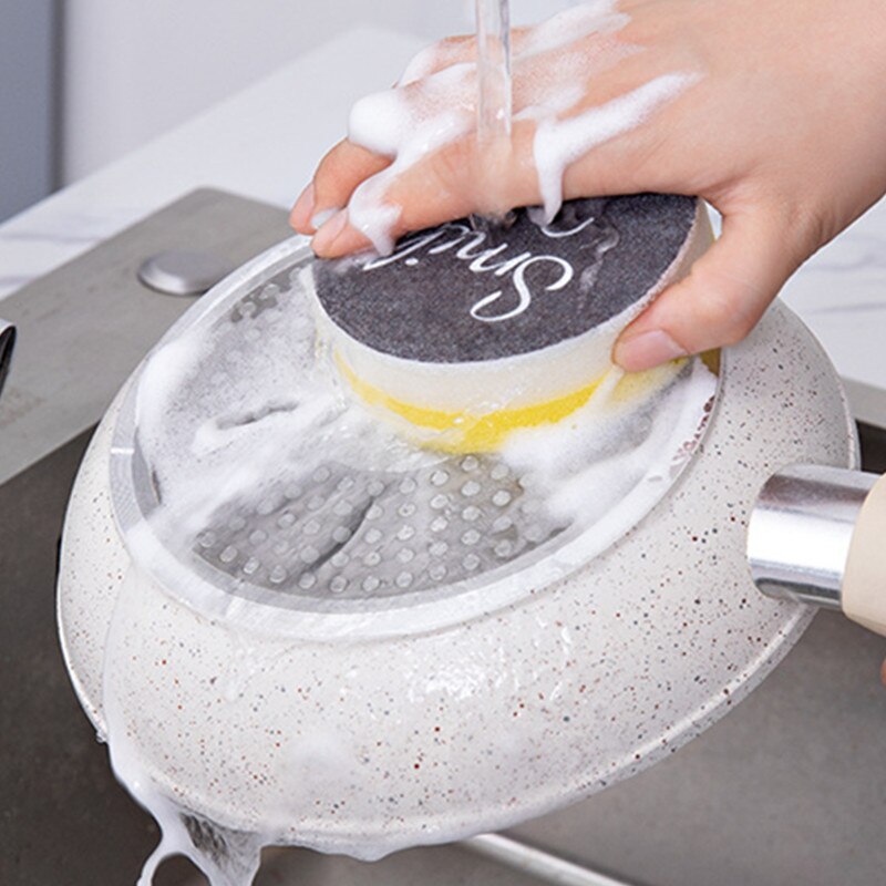 4PCS Smiley Face Thick Cleaning Sponge Strong Decontamination Dish Washing Cloth Kitchen Cleaner Sponges Scouring Pads