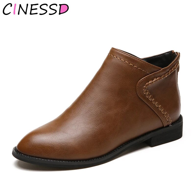 Bottes en cuir PU pour femmes, chaussures quotidiennes à talon carré, fermeture éclair, respirantes, confortables, à bout pointu, rétro, automne