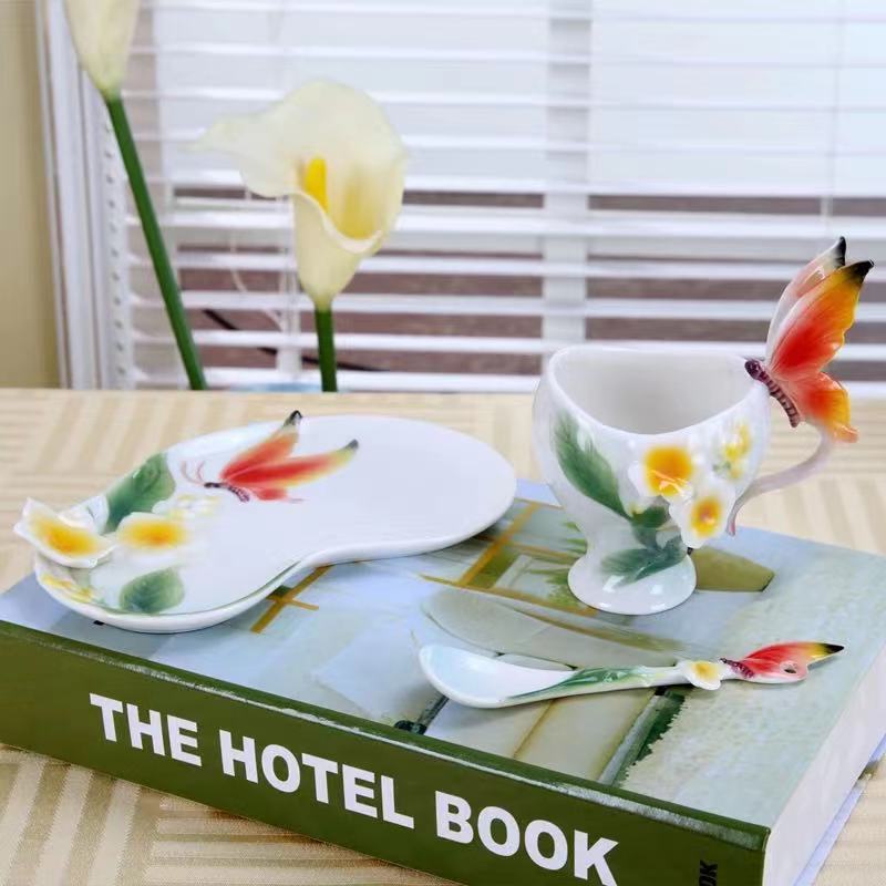 Keramik Tasse Elstern Pflaume Blüte Emaille farbe Kaffee Tasse mit Untertasse und Löffel Europäischen Kreative Tee tassen Tee tasse einstellen: Burgund