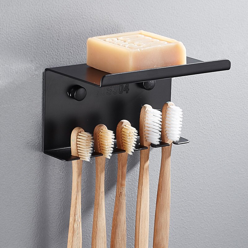 304 rustfrit stål badeværelse tandbørste holder sæt vægmontering sort tandbørste opbevaringsstativ arrangør badeværelse tilbehør: Sort