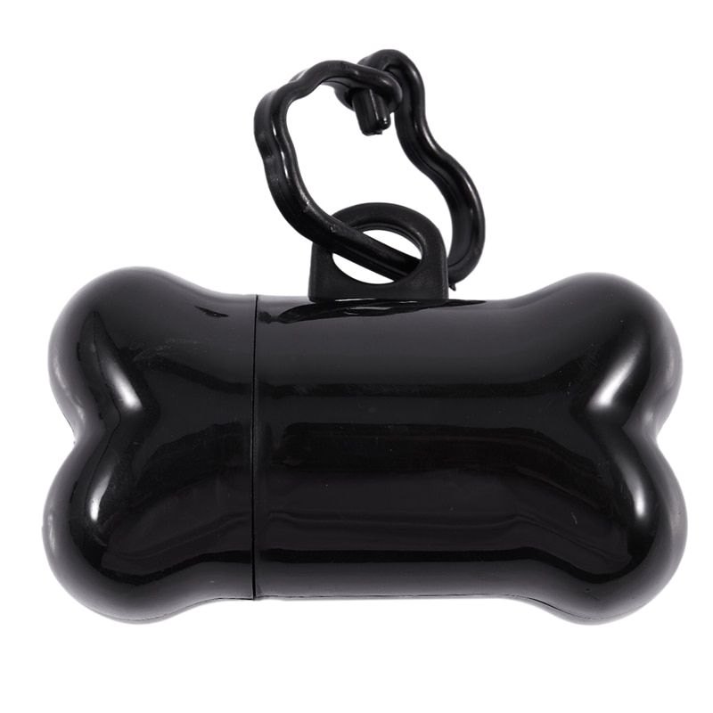Dispensador de recogida de residuos de mascotas en forma de hueso/caca + 15 bolsas con gancho de anillo para llevar (negro)