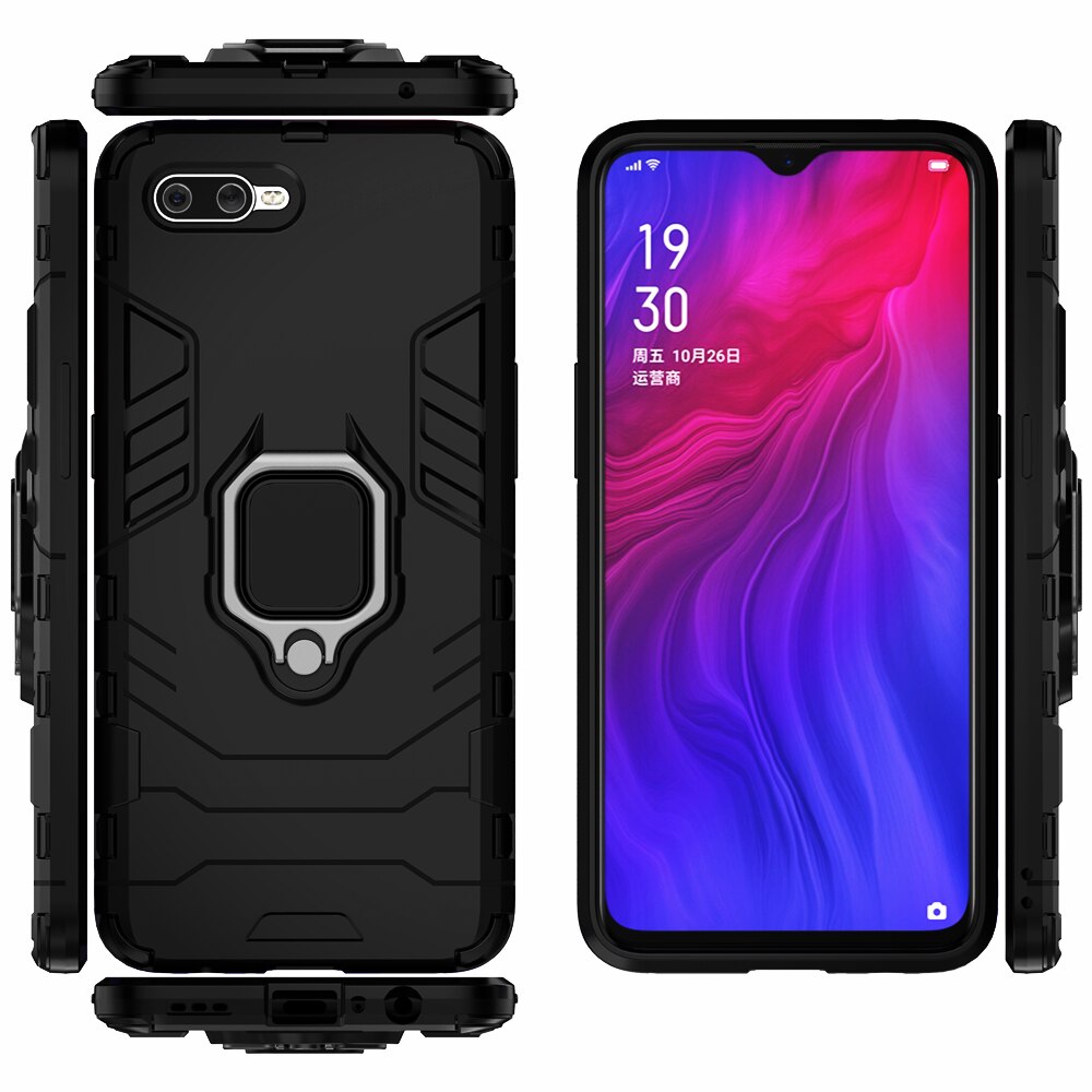 Voor Oppo Reno Een Case Shockproof Ring Stand Bumper Siliconen + Pc Telefoon Back Cover Reno Een CPH1983 Cover Voor oppo Reno Een Renoa 6.4&quot;: For OPPO Reno A / Black