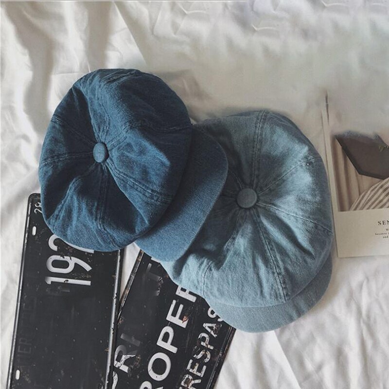 Denim unisex newsboy kasketter efterår cowboy hatte til kvinder mandlige ottekantede hat cabbie chauffør kasket flad top koreanske maler hatte