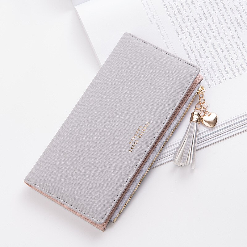 Couro longo carteira feminina marca de luxo famosa grande mulheres carteiras bolsas femininas longo moeda zíper bolsa titular do cartão crédito: Gray