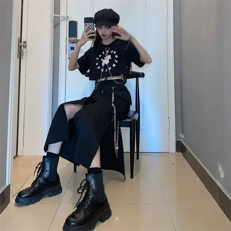 Falda larga de estilo coreano para mujer, falda larga negra con abertura lateral de cadena, ropa de calle de Hip hop, talla grande, primavera y otoño,