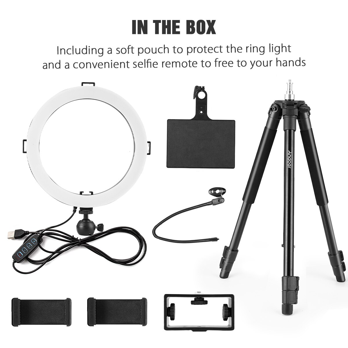 Andoer 10inch/26cm LED Ring Light Kit 3000K-6500K 3 Lighting Modes Dimmable USB Powered with 145cm Tripod Stand for phone