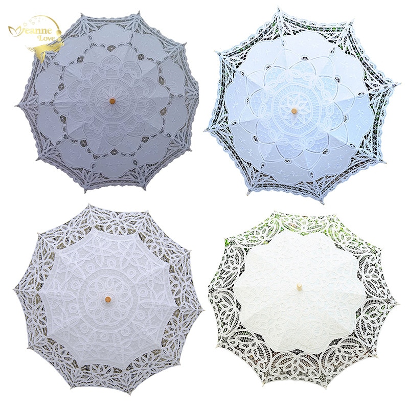 Handgemachte Stickerei Spitze Sonnenschirm Regenschirm Frauen Hochzeit Braut Foto Weiß Baumwolle Holz Griff Dekoration Regenschirm