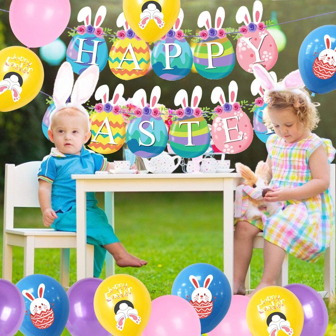 Pasen Ballon Set Gelukkig Pasen Cartoon Eieren Konijn Bunny Print Banner Decoratie Interieur Party Decoratie Kids Kleurrijke Speelgoed