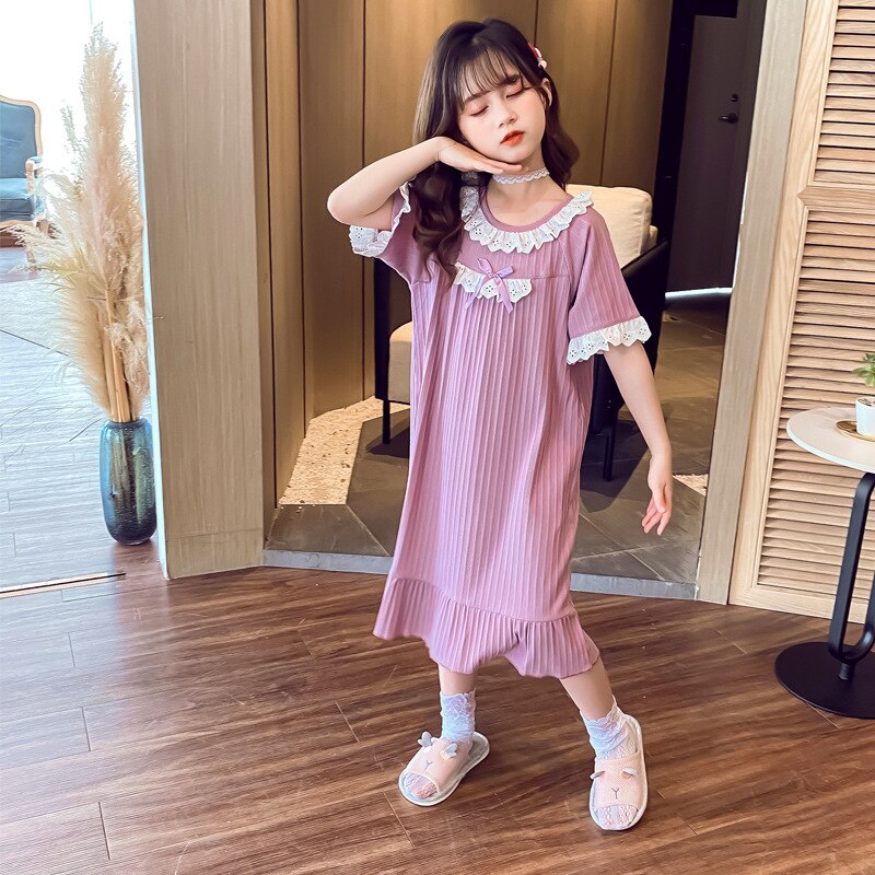 Camisón de algodón suave con lazo para niñas y niños, ropa de dormir para el hogar, albornoz de noche, Verano