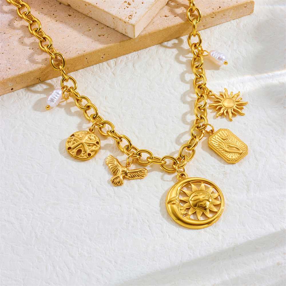 DIEYURO 316L Acero inoxidable perla dorada sol Luna colgante redondo collar para mujer nueva tendencia cuello cadena joyería