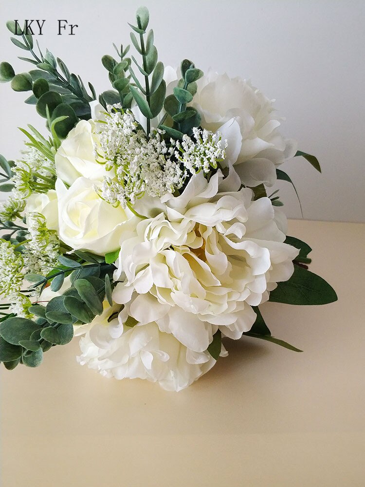 Lky Fr Bruiloft Boeket Bloemen Kunstmatige Bruidsboeket Bruid Accessoires Wit Roze Zijde Rozen Bruidsmeisjes Huwelijk Decoratie
