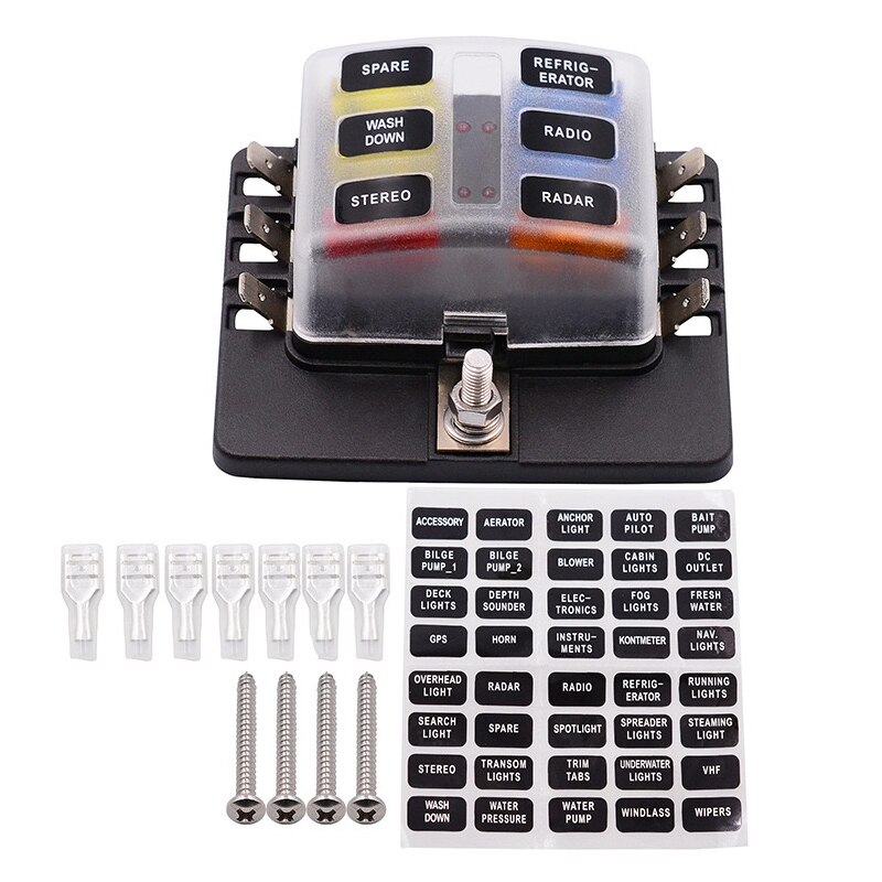 Boîte à fusibles 12 voies porte-fusible porte-écrou à vis avec Bus négatif 5A 10A 15A 20A fusibles gratuits indicateur LED pour automobile: 6 Way PC terminal