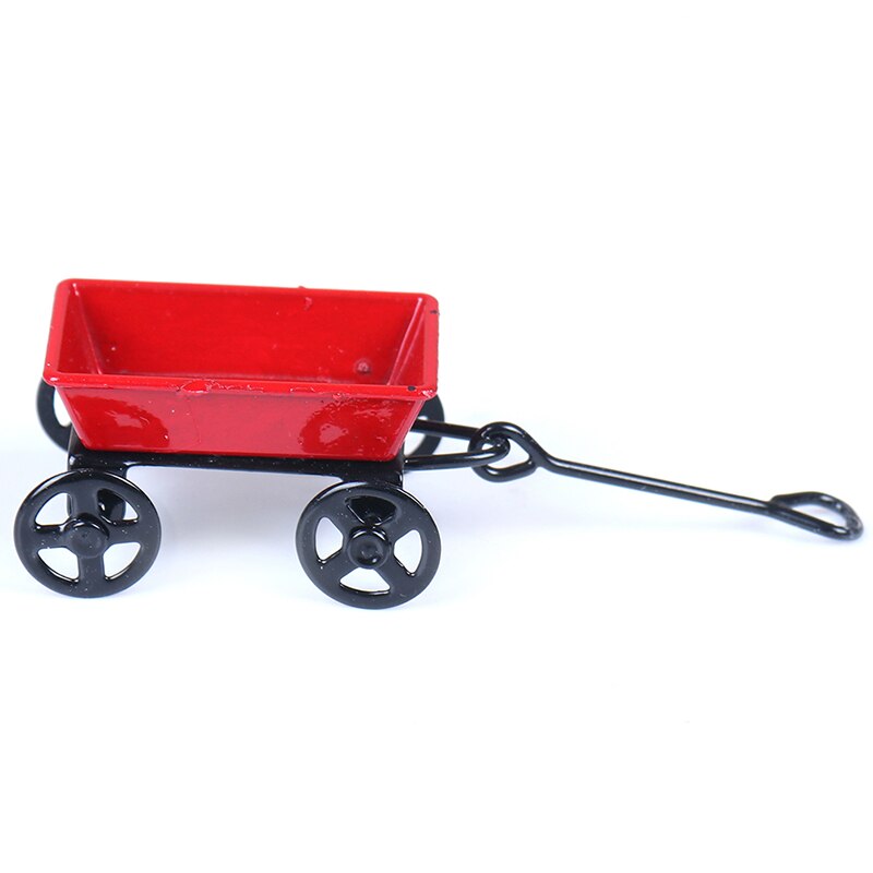 1:12 Mini Cute Dollhouse Toy Ornament Miniature Metal Red Small Pulling Cart Garden Furniture Accessorie