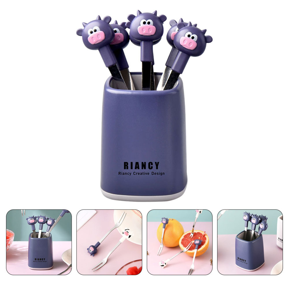 1 Set Cartoon Calf Fruit Forks Stainless Steel Forks with a Holder: Purple
