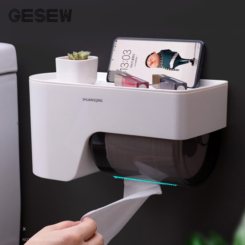 Gesew vægmonteret tissuekasse bærbar toiletpapirholder intet spor badeværelse arrangør roll papir dispenser badeværelse tilbehør