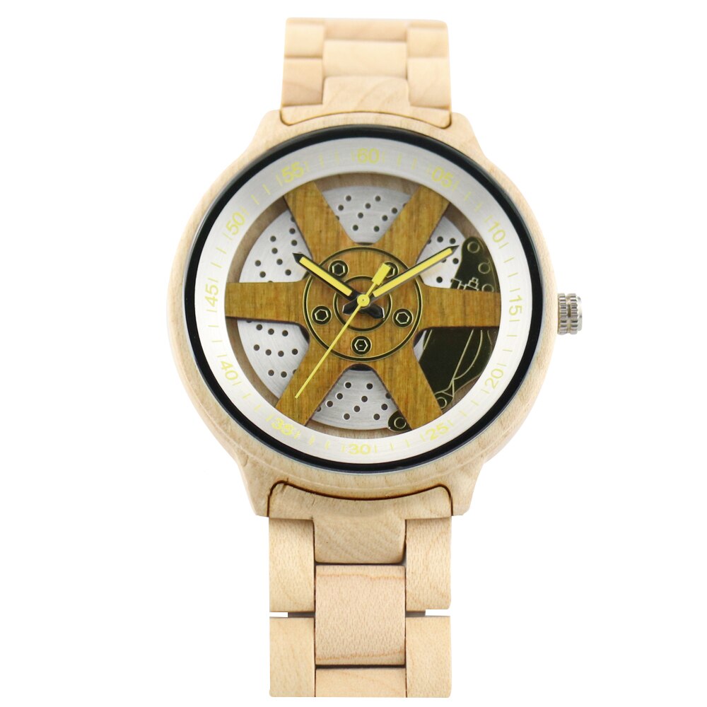 Heren Horloge Unieke Wiel Hub Precieze Schaal Rode Houten Horloge Verstelbare Houten Band Horloge Quartz Polshorloge Relojes Hombre: bamboo