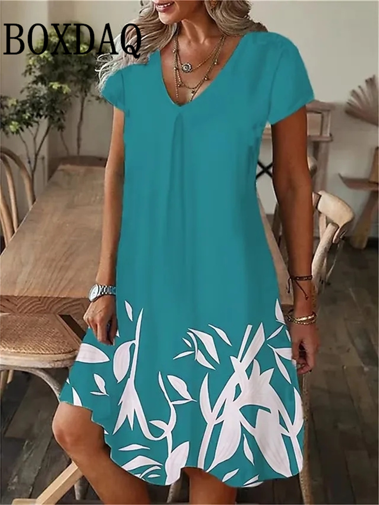 2024 Casual Losse V-Hals Dames Zomerjurk Print Feest Zomer Pullover Jurk Met Korte Mouwen Mode Plus-Size Jurk Voor Dames