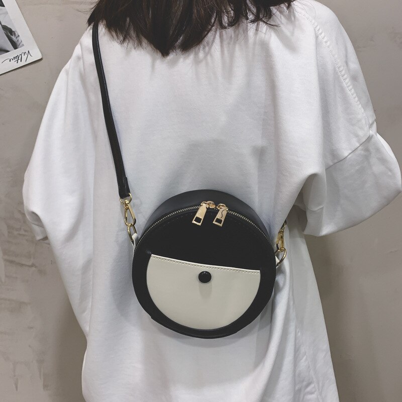 Small Round Shoulder Bag - PU Leather - Single Strap - Zipper Closure - Casual Tote