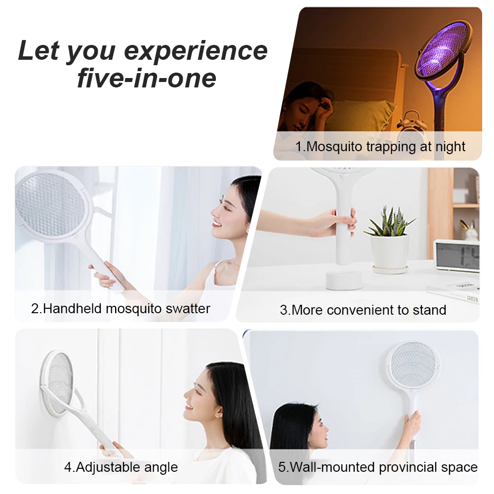 6in1 Muggen Killer Lamp Multicunctionele Hoek Verstelbare Bug Zapper Elektrische USB Oplaadbare Mosquito Fly Bat Swatter