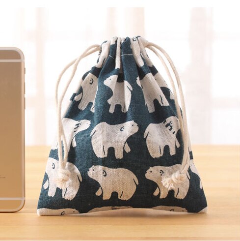 Handmade Cotton Linen Women Drawstring Bags Casual Cartoon Print Travel Home Storage Bag Environmental Reusable Fabric Pouch Bag: bear S