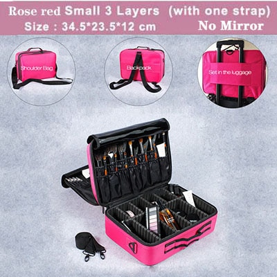 Vrouwen Professionele Nylon Make-Up Case Draagbare Reizen Schoonheidsspecialist Case Cosmetische Organizer Case Box Met Spiegel Schoonheid Koffer: Rose red S 3 Layers