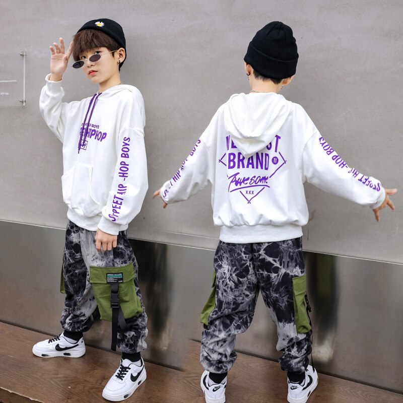 Chico ropa Hip Hop sudadera blanca con capucha Top sudadera camuflaje pantalones de camuflaje tácticos para niña niño trajes de baile de Jazz ropa de calle