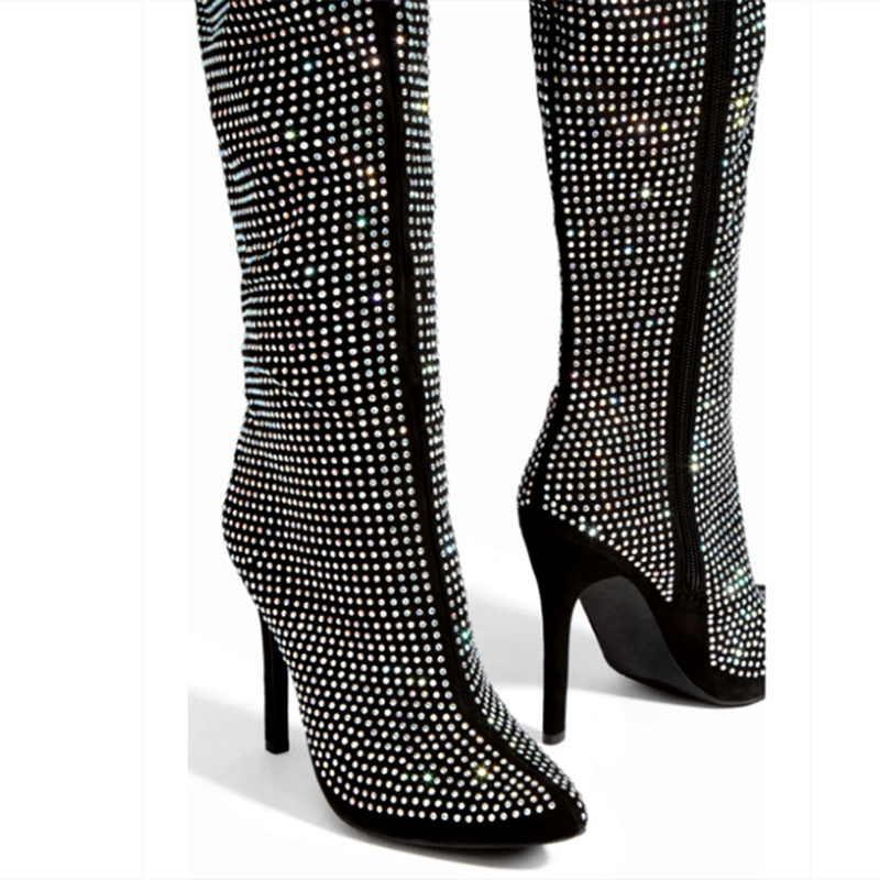 Luxe brillant strass ornement femmes cuissardes longues sur le genou côté Zip chaussures à talons hauts bottes grande taille 43