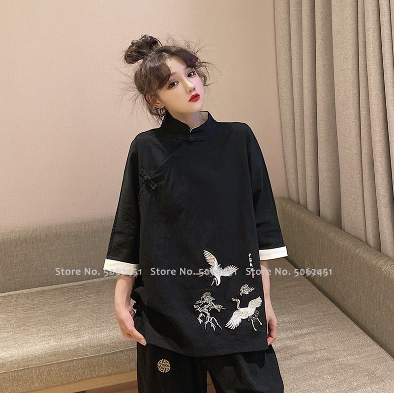 Traje Tang de estilo chino para hombre y mujer, ropa Oriental con bordado de grulla, Tops Cheongsam de Retro informal, conjunto de blusa y pantalones Kungfu