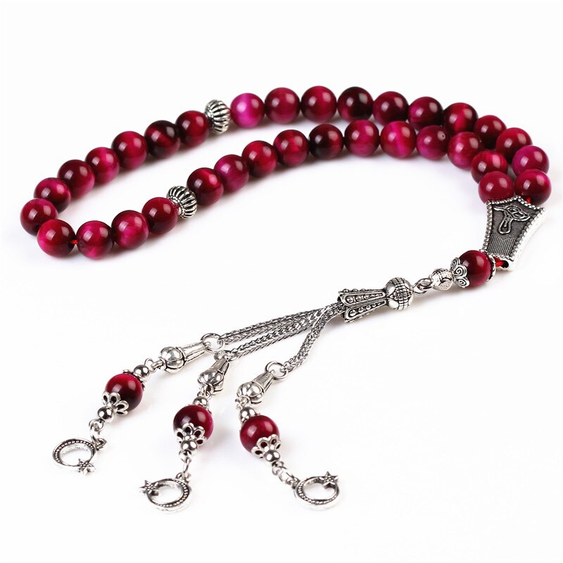 Losheren natural rosa tigre olho pedra borla 33 contas de oração muçulmano islâmico tasbih allah rosário meditação frisado pulseiras