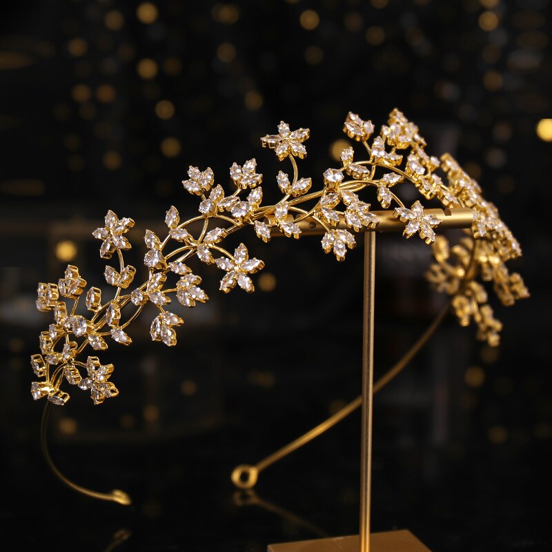 Gold Zircon Flower Crystal Tiara - Baroque Vintage Rhinestone Queen Princess Royal Crown - Bridal Diadem