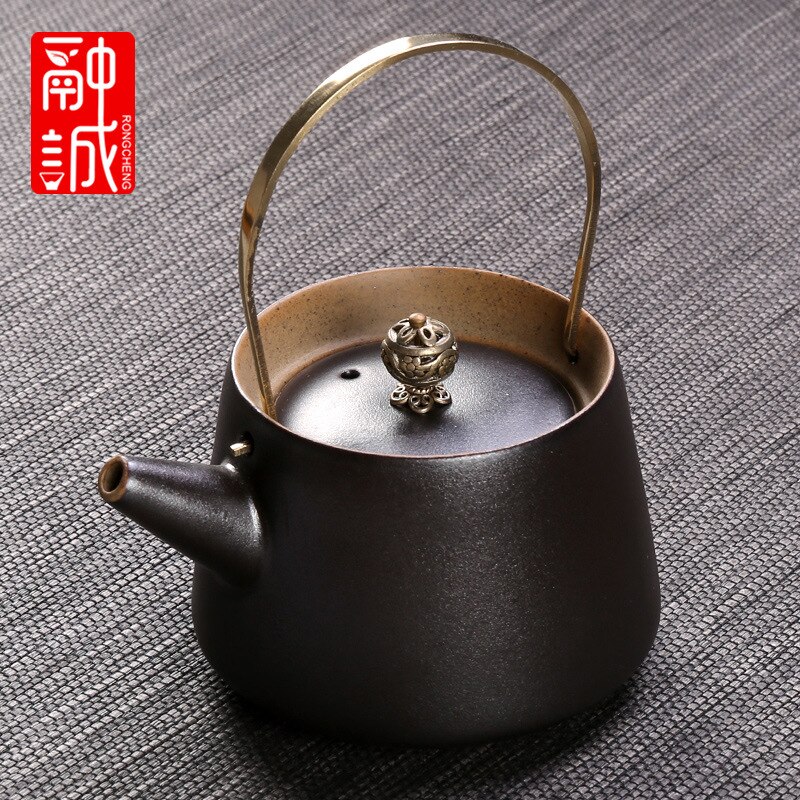 Vintage Tea Loop-handled Teapot Ceramic Retro Tea Making Device Household Copper Handles Single Teapot Tea Kettle Japanese Style: Antique Pottery  Teapot  T Beam Pot Black Zen