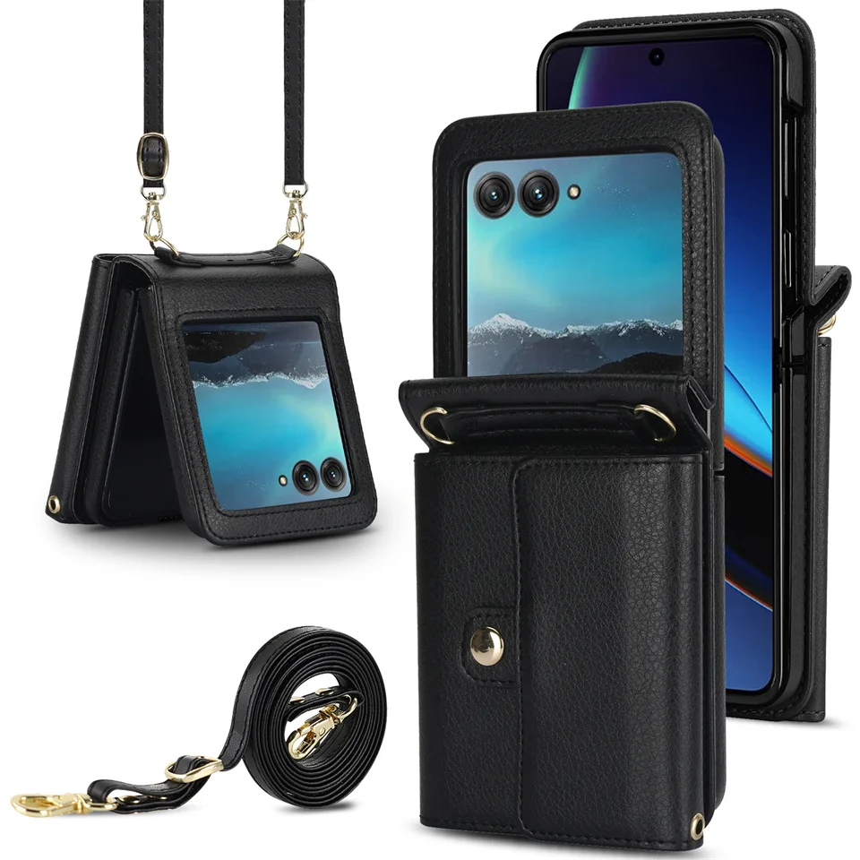 Umhängetasche aus Lanyard-Leder für Motorola Razr 40 Ultra, Moto Razr 40 Ultra, Brieftasche, Kartensteckplatz, stoßfeste Abdeckung, Handytasche: ABS / Black