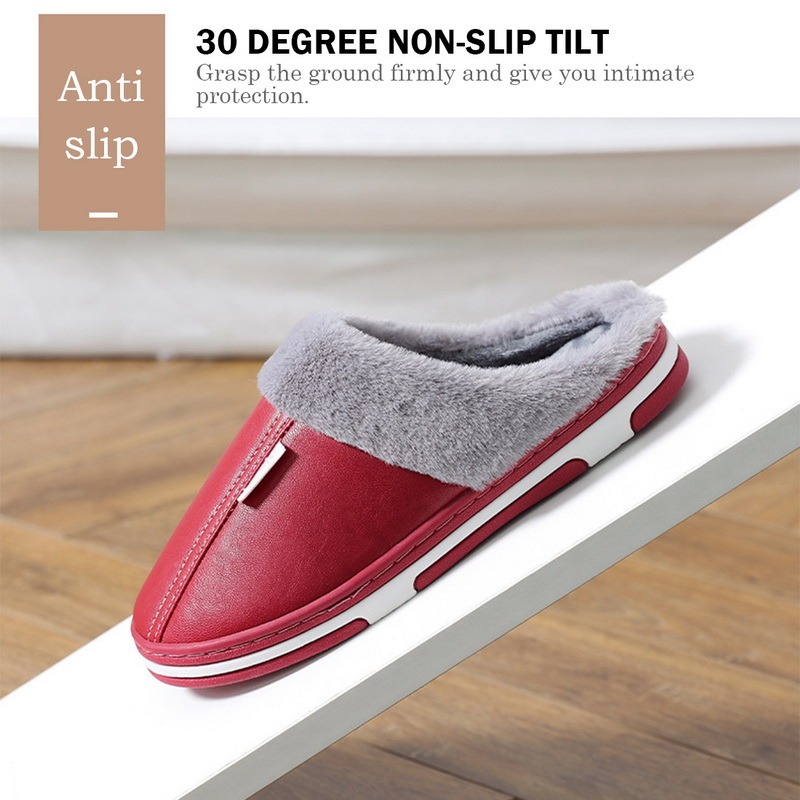 Men's Slippers Home Winter Plush Waterproof Leather Warm Shoes Thick Bottom House Slipper Man Indoor Cotton Slippers Women Shoes