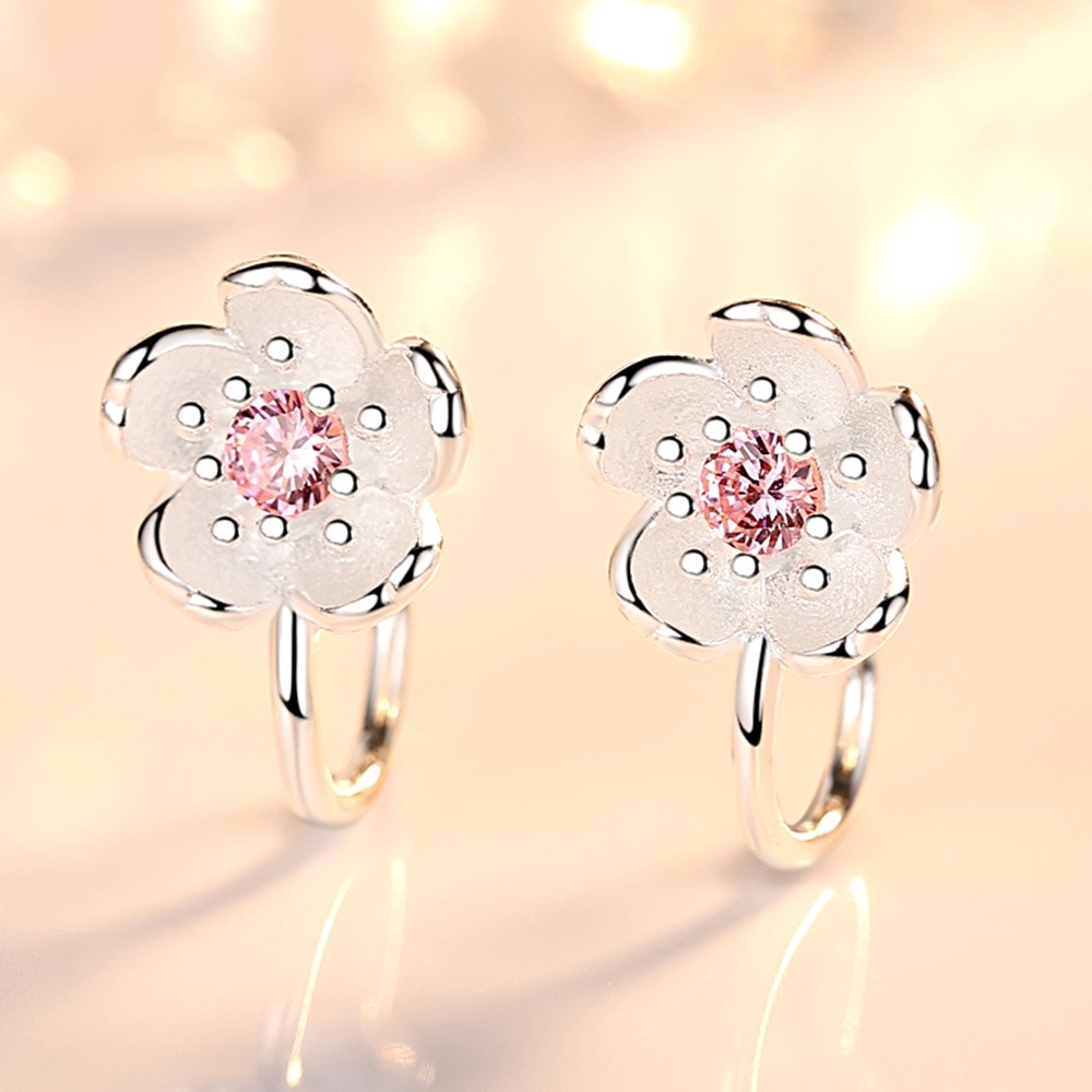 Korea Style Crystal Cherry Blossom Flower Clip on Earrings Without Piercing for Girls Party Sweet Silver Color No Hole Ear Clip