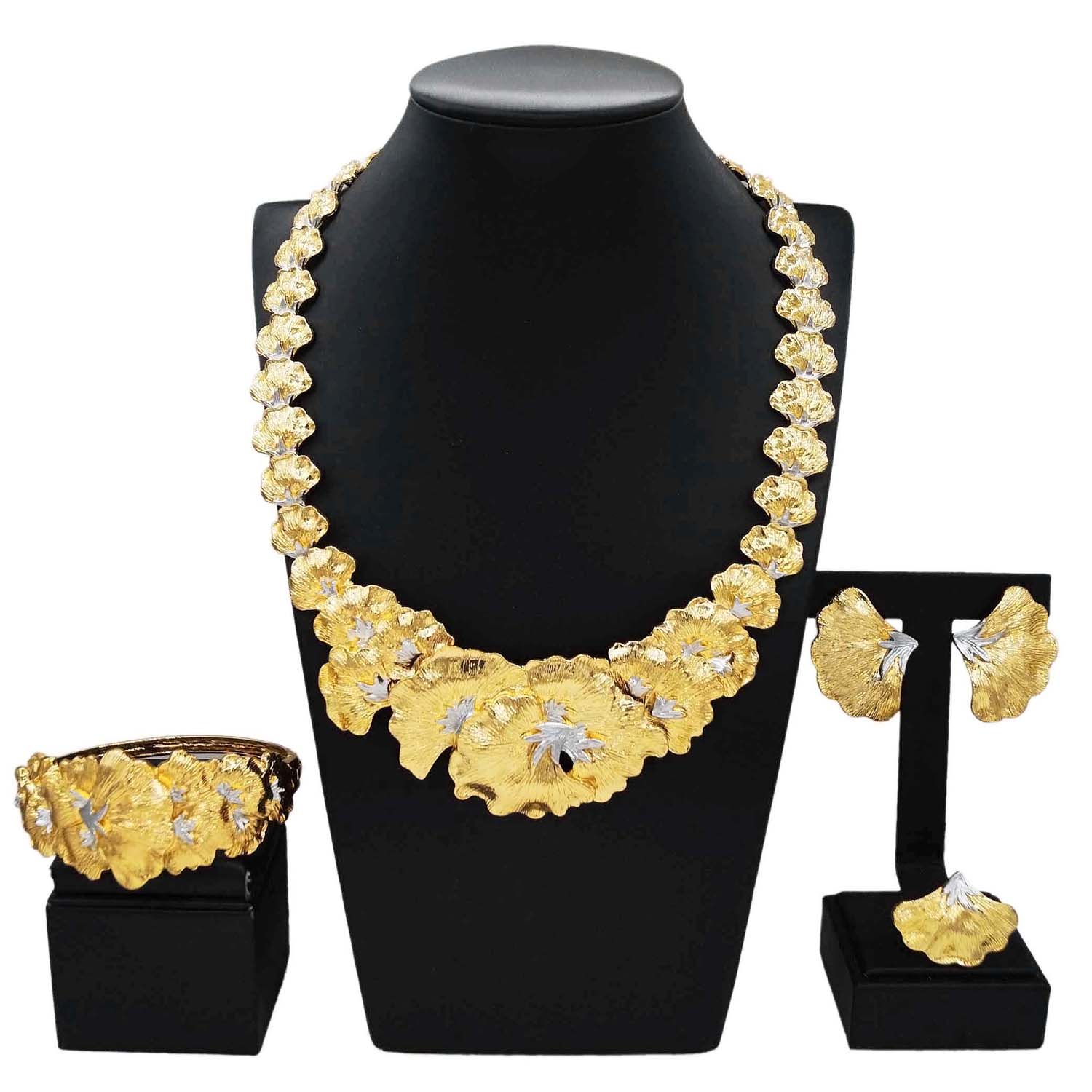 Conjunto de joyas chapadas en oro para mujer, collar de flores de lujo, pendientes elegantes, bisutería de cena y boda, SYHOL