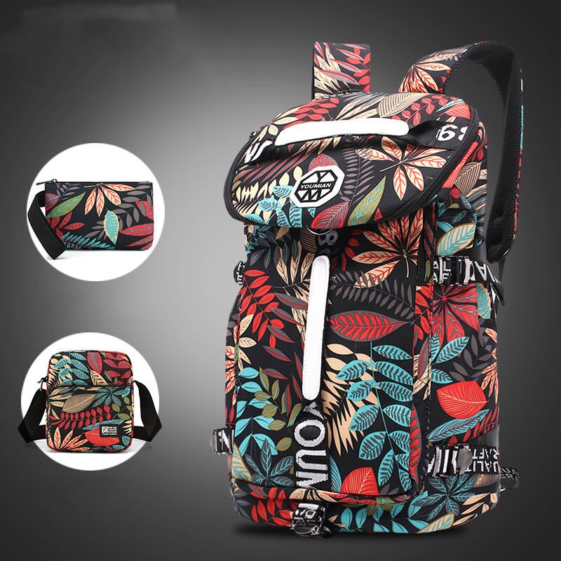 YOUMIAN Large-capacity travel backpack female shoulder bag sports fitness canvas bag light hiking travel luggage: Red leaves small Set