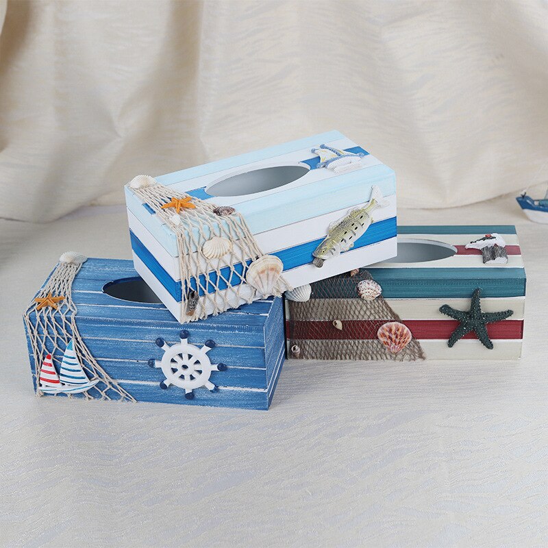 Mediterranean style wooden tissue box Blue ocean Beach marine shell decorative tissue box