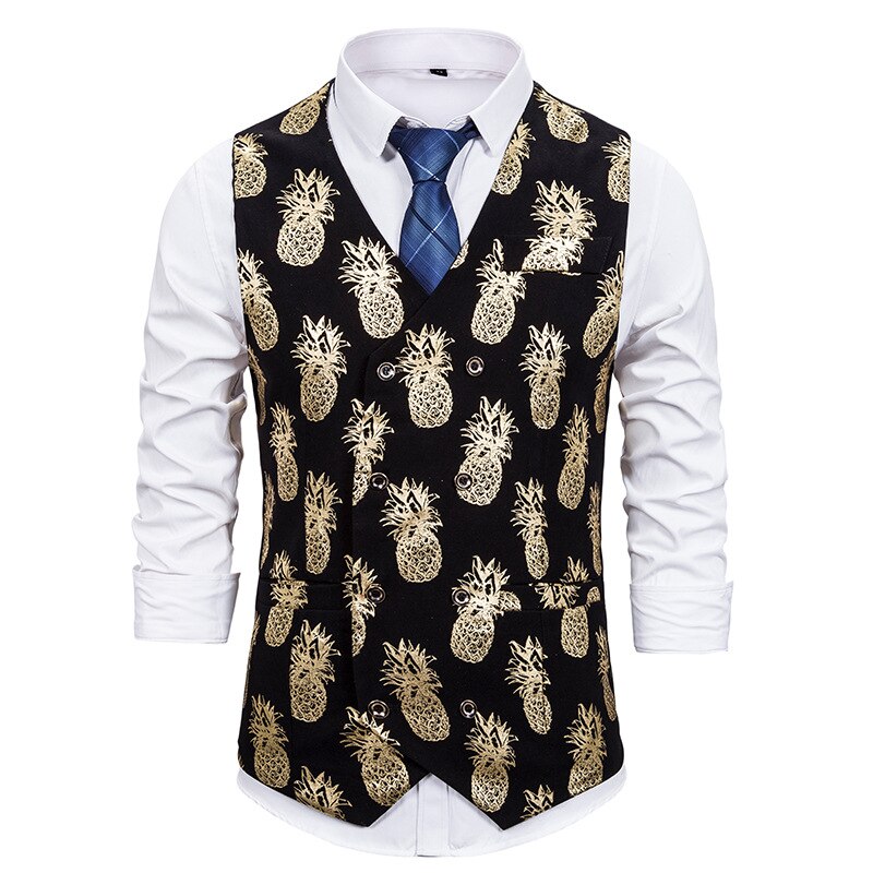 Ananas bronzing print väst män märke ärmlös v-ringad fest bröllopskostym västar väst män casual gilet homme