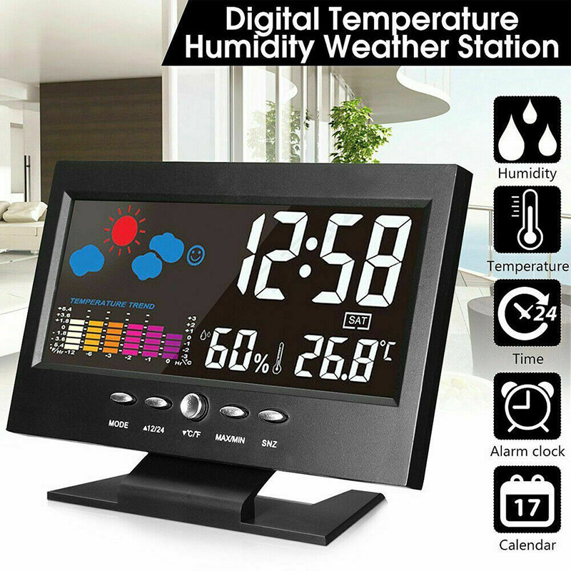 Calendrier électronique LCD, horloge numérique avec moniteur de température et d'humidité, prévisions météorologiques, réveil pour maison et bureau