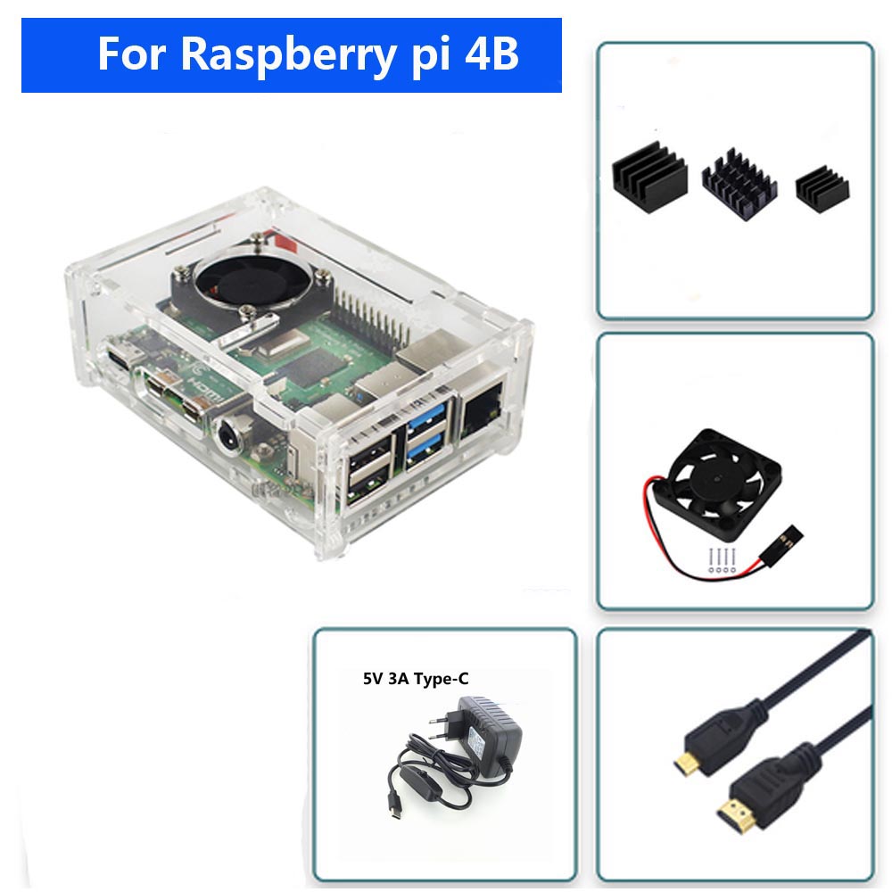 Raspberry Pi 4 Model B Acryl Case Met Koelventilator + 32Gb Sd-kaart + 5V 3A Power + Heatsink + Hdmi Voor Raspberry Pi 4B: Cyaan