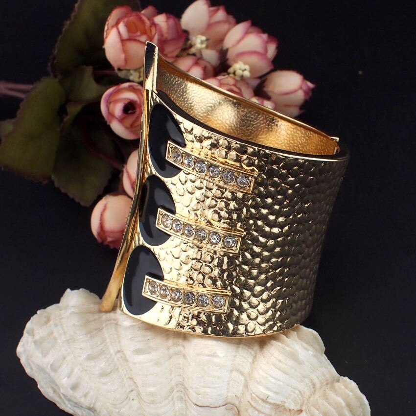 MANILAI Vrouwelijke Mode Overdrijven Manchet Armbanden Metalen Zwart Glazuur Steentjes Vrouwen Statement Sieraden Grote Armbanden Armbanden: Default Title