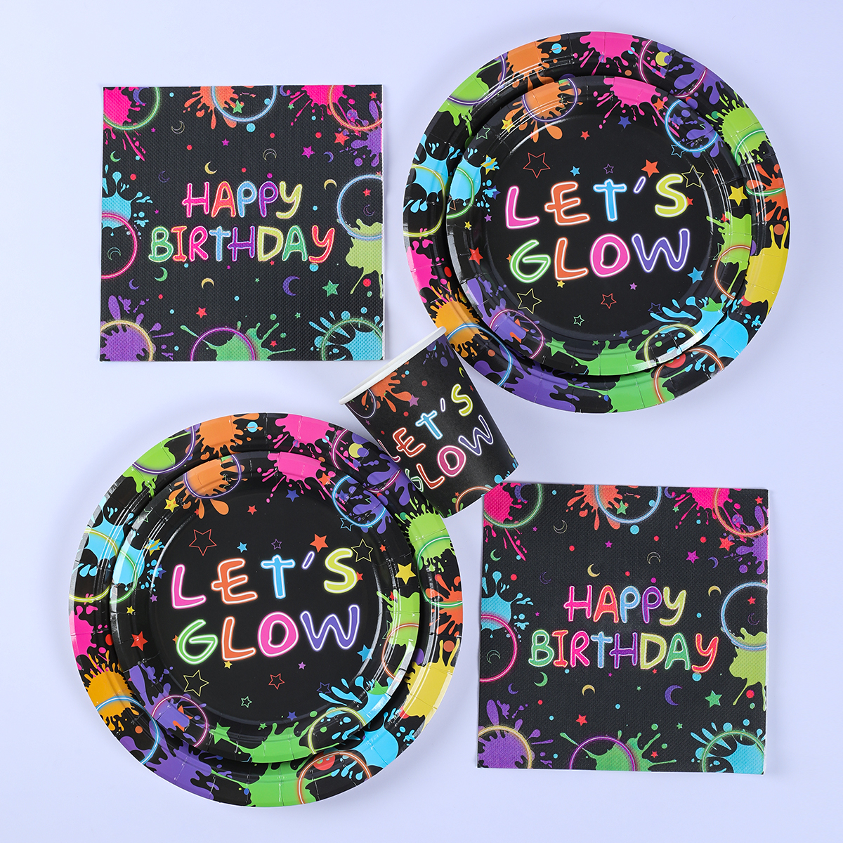 Fluorescent Theme Birthday Disposable Tableware Happy Birthday Party Decoration Paper Plates Napkins Kids Baby Shower Suppies