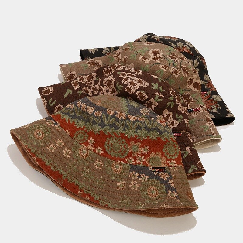 Bucket Hats Literary Retro Print Fisherman Cap Four Seasons Can Wear Sunscreen Cotton Sun Hat Basin Hat