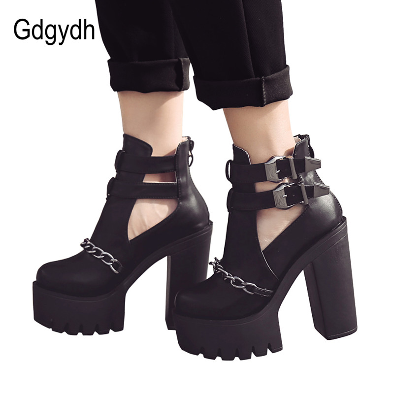 Gdgydh Lente Herfst Mode Enkellaars Voor Vrouwen Hoge Hakken Casual Cut-Outs Gesp Ronde Neus Keten Dikke Hakken platform Schoenen