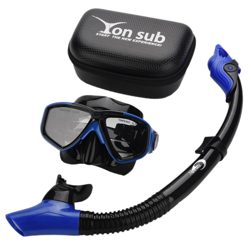Genuine Diving Equipment Set Scuba HD Mask Tempered Glass Goggles Snorkel Antifog lens Diver Dive Breathing Tube: Blue Set