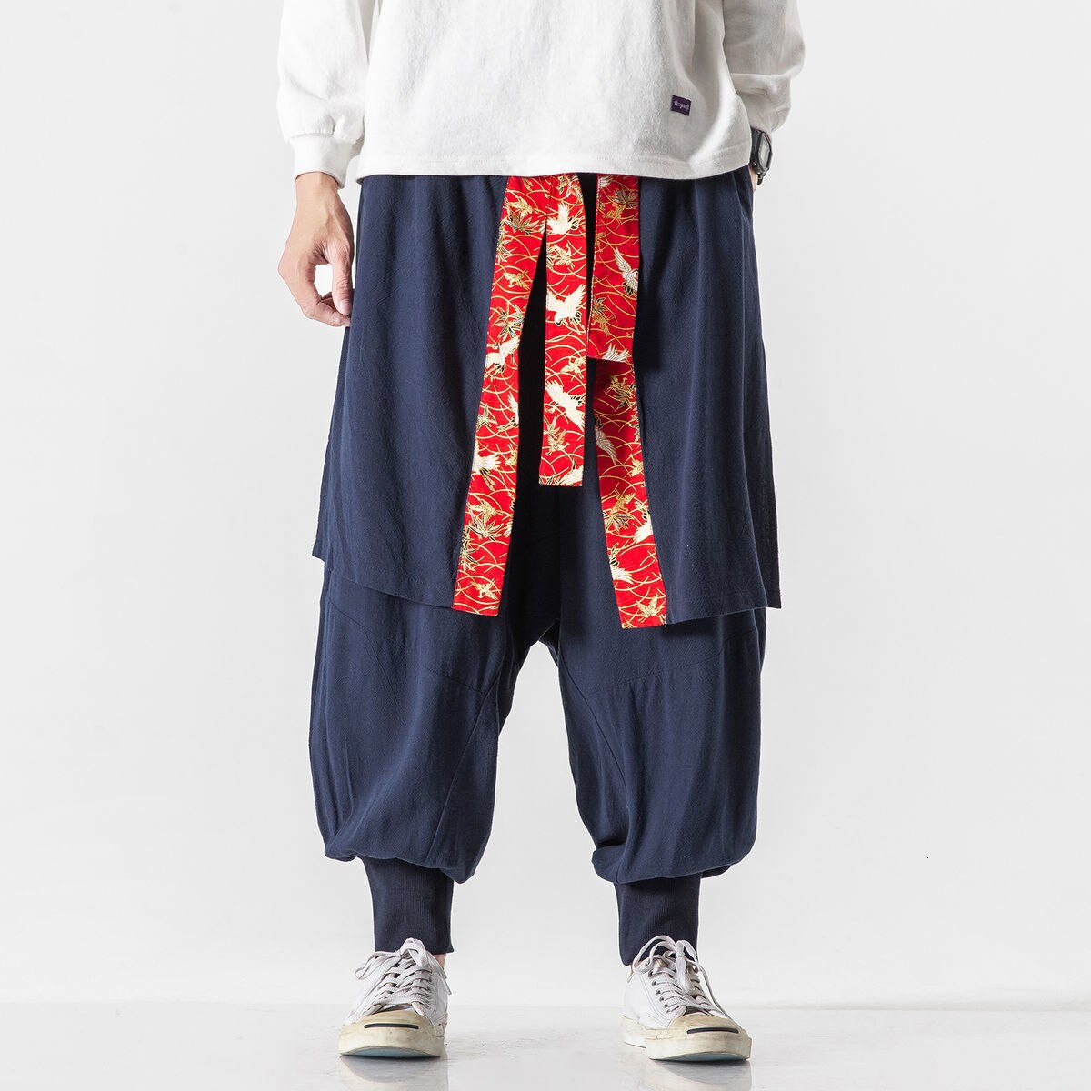 Japanese Retro Loose Harajuku Style Harem Pants Trousers Chinese Style Streetwear Hip Hop Bloomers Oriental Clothing Casual Men: NavyBlue / Asia XXL 68 to 73kg