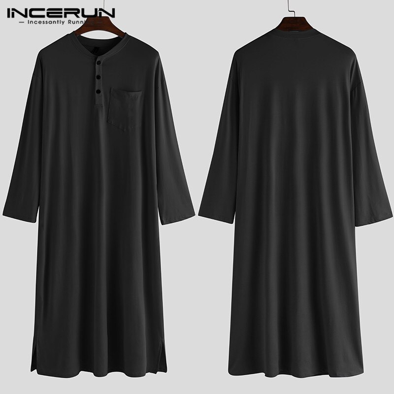 Incerun menn robes langermet pyjamas ensfarget fritid komfortabelt hjemmetøy o hals badekåper herre kaftan nattøy robes