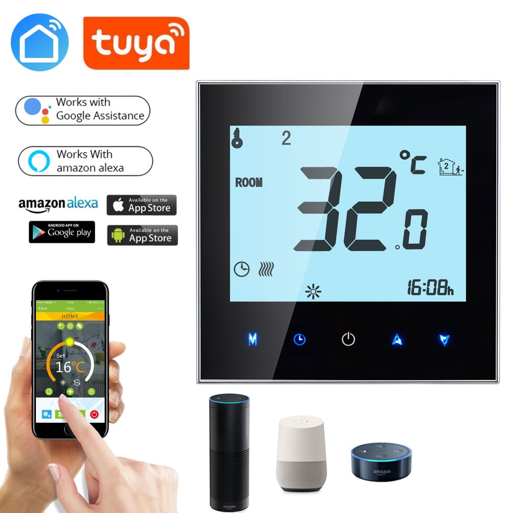 Echo Google Home iFtt Wireless APP WiFi Gas Boiler Touch Screen Room Thermostat Weekly Programmable Smart Temperature Regulator